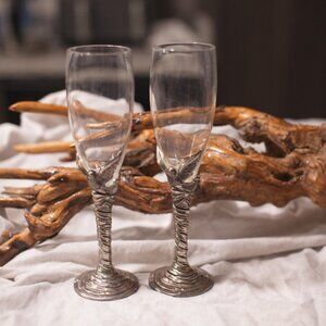 Stunning Metal Birds with Ribbons Champagne Glasses